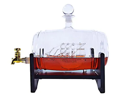 40 Oz 'Barrel' Liquor Decanter Ship, Wooden Stand, Bar Funnel, 2 Globe Glasses