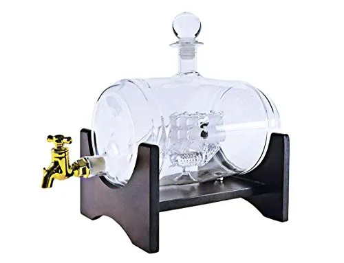 40 Oz 'Barrel' Liquor Decanter Ship, Wooden Stand, Bar Funnel, 2 Globe Glasses