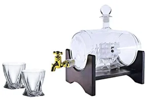40oz 'Barrel' Liquor Decanter Ship, Wooden Stand, Bar Funnel, 2 Diamond GLasses