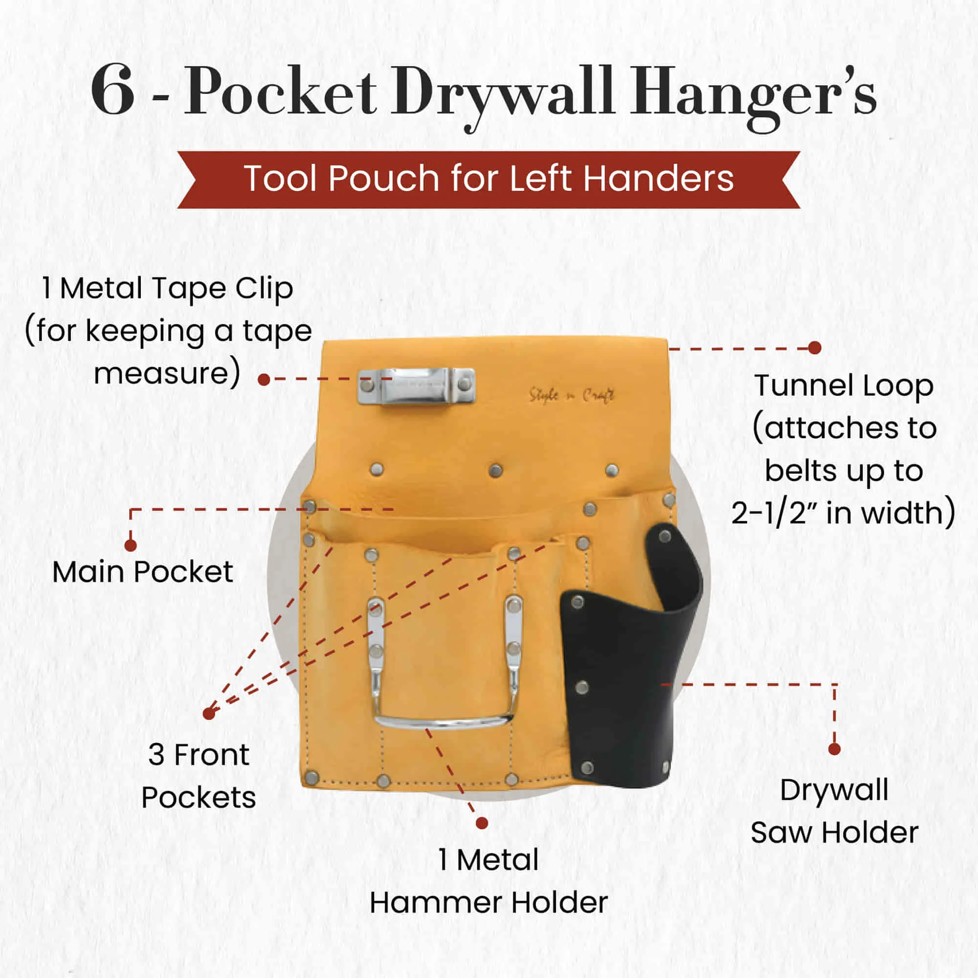 93485L - 6 Pocket Drywall Hanger's Tool Pouch For Left Handers in Full Grain Leather | Style n Craft