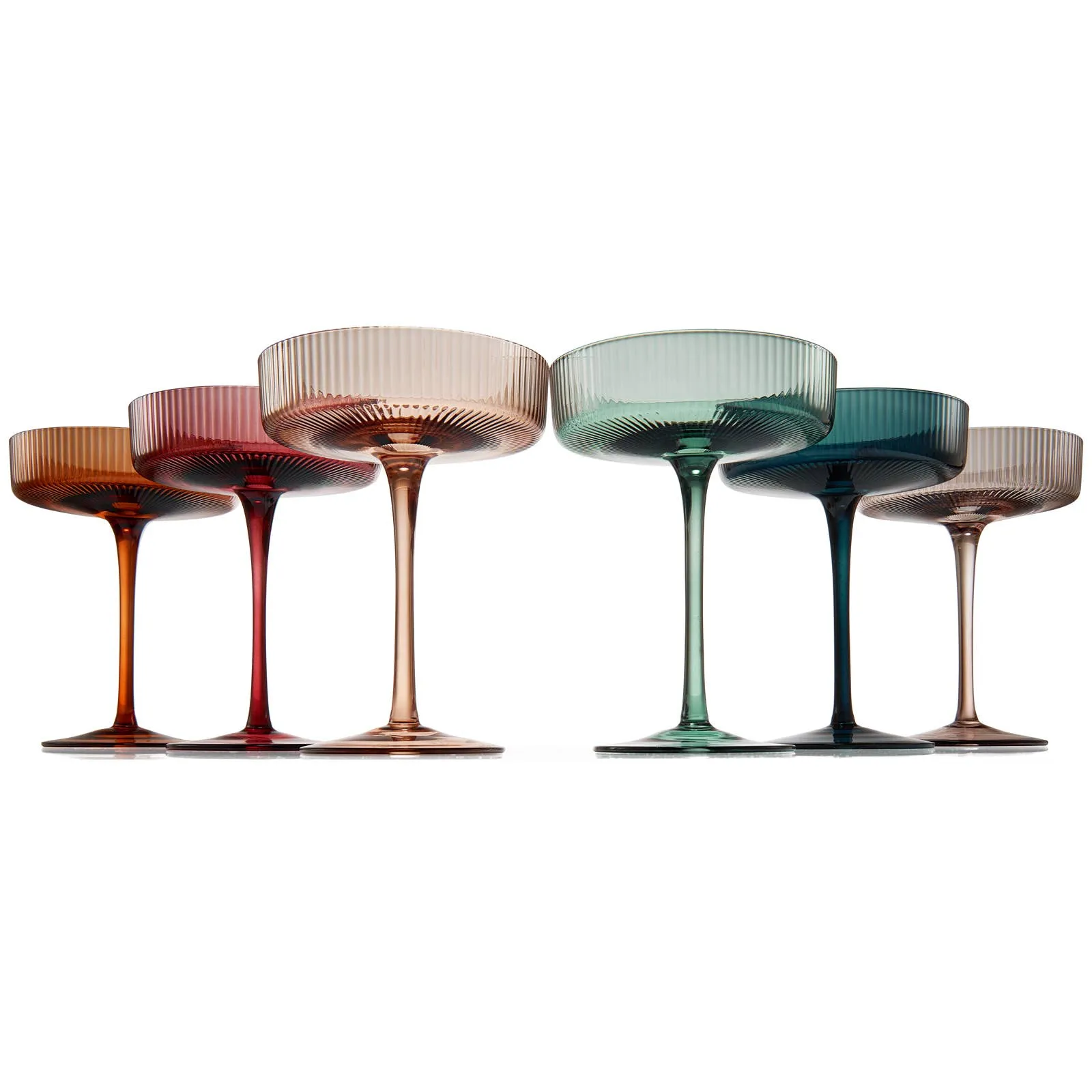 Art Deco Ribbed Pastel Coupe, & Cocktail Glasses - 6 Set