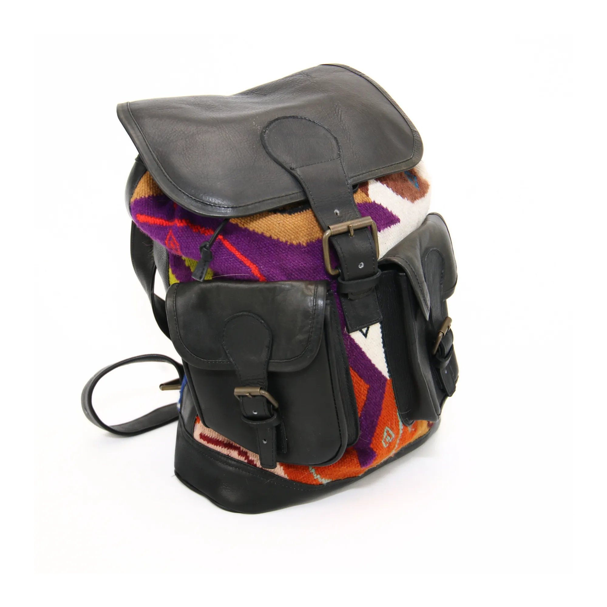 Backpack Andean Design w/ Black Leather and Purple and Orange