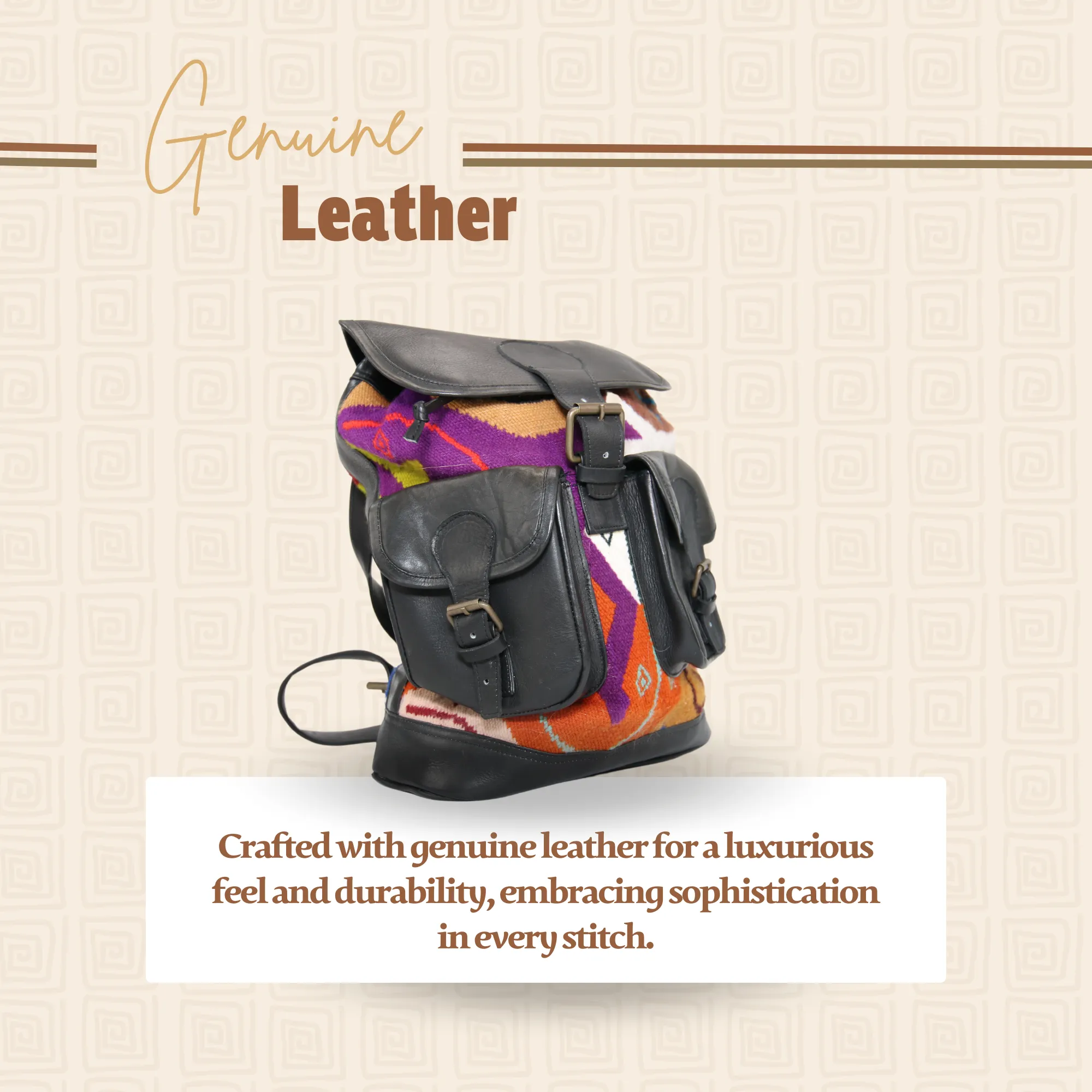 Backpack Andean Design w/ Black Leather and Purple and Orange
