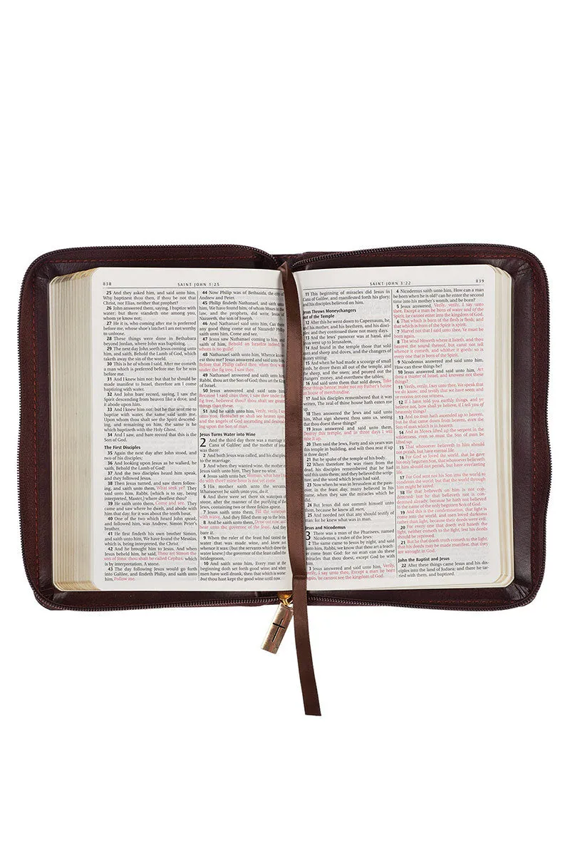 Burgundy and Saddle Tan Faux Leather KJV Zippered Compact Bible