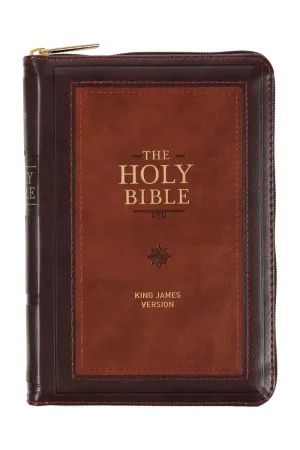 Burgundy and Saddle Tan Faux Leather KJV Zippered Compact Bible
