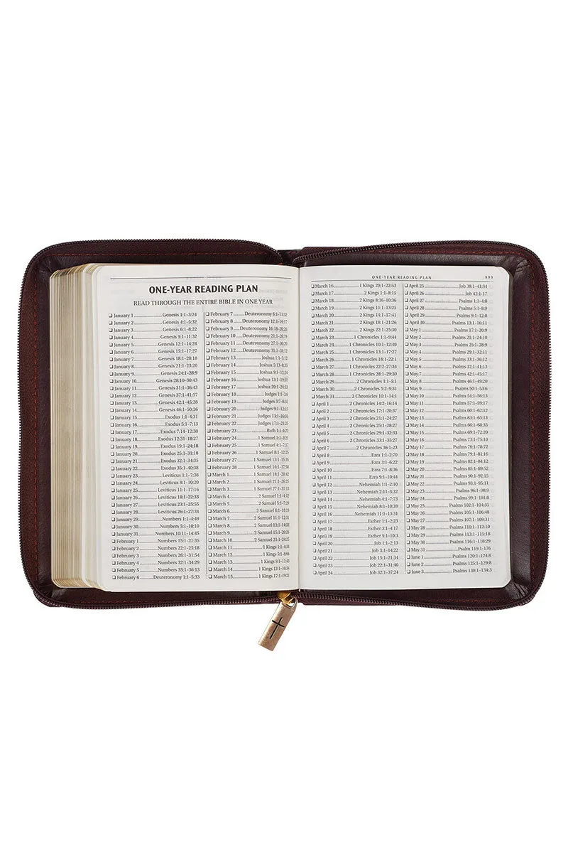 Burgundy and Saddle Tan Faux Leather KJV Zippered Compact Bible