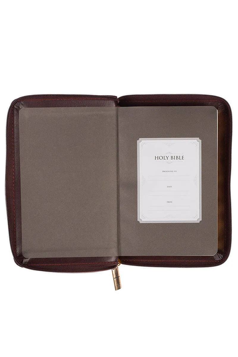Burgundy and Saddle Tan Faux Leather KJV Zippered Compact Bible