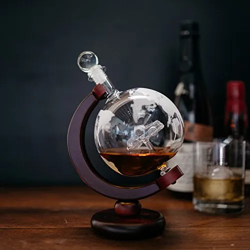 'Car' Whisky Liquor Etched Globe Decanter 50 Oz and Diamond Glasses Mega Set
