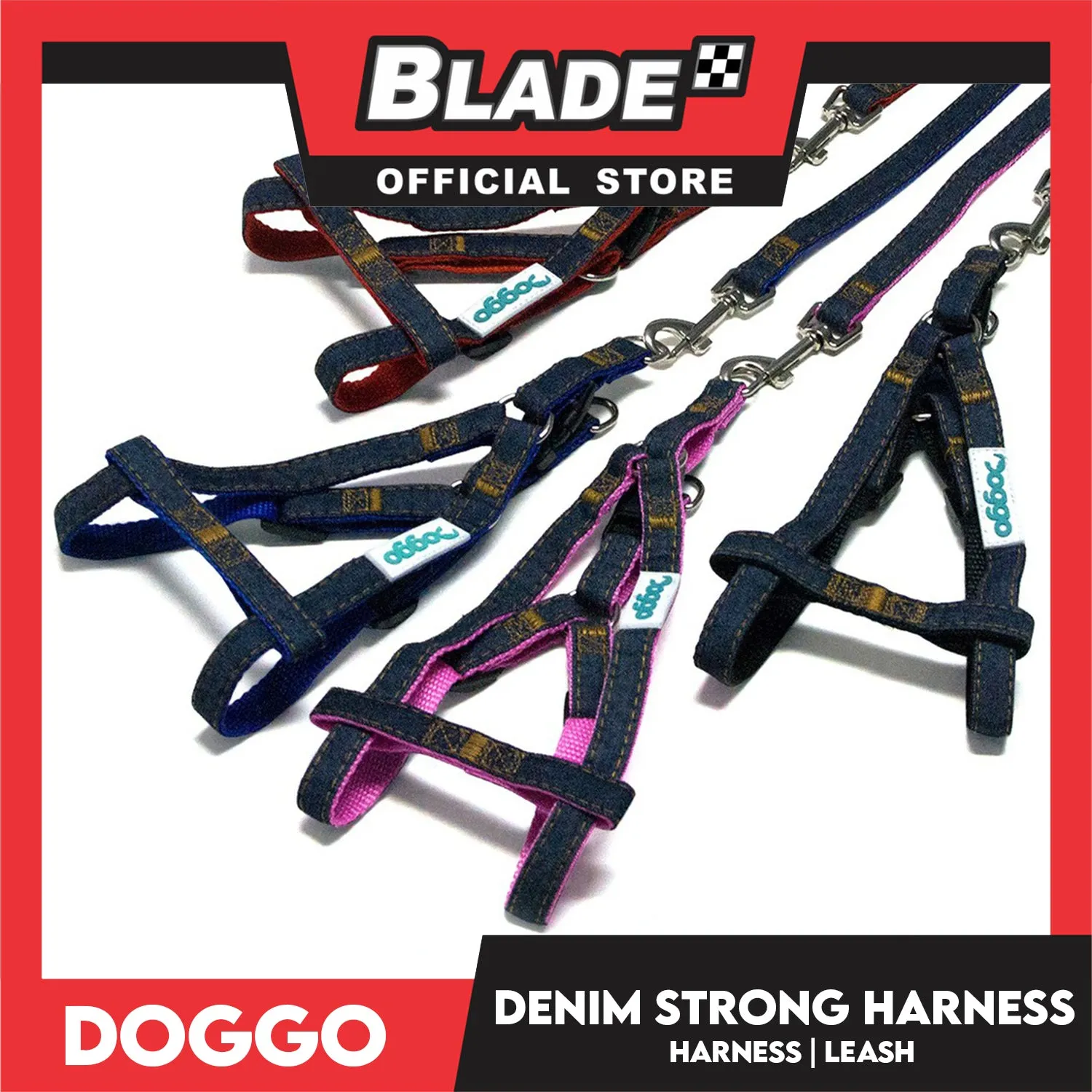 Doggo Denim Strong Harness Small (Red) Thick Leash and Straps for Your Dog