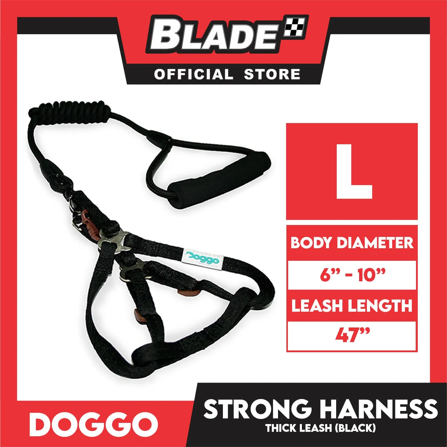 Doggo Strong Harness Thick Leash Soft Handle Steel Connector Large (Black) Safe Harness for Your Dog