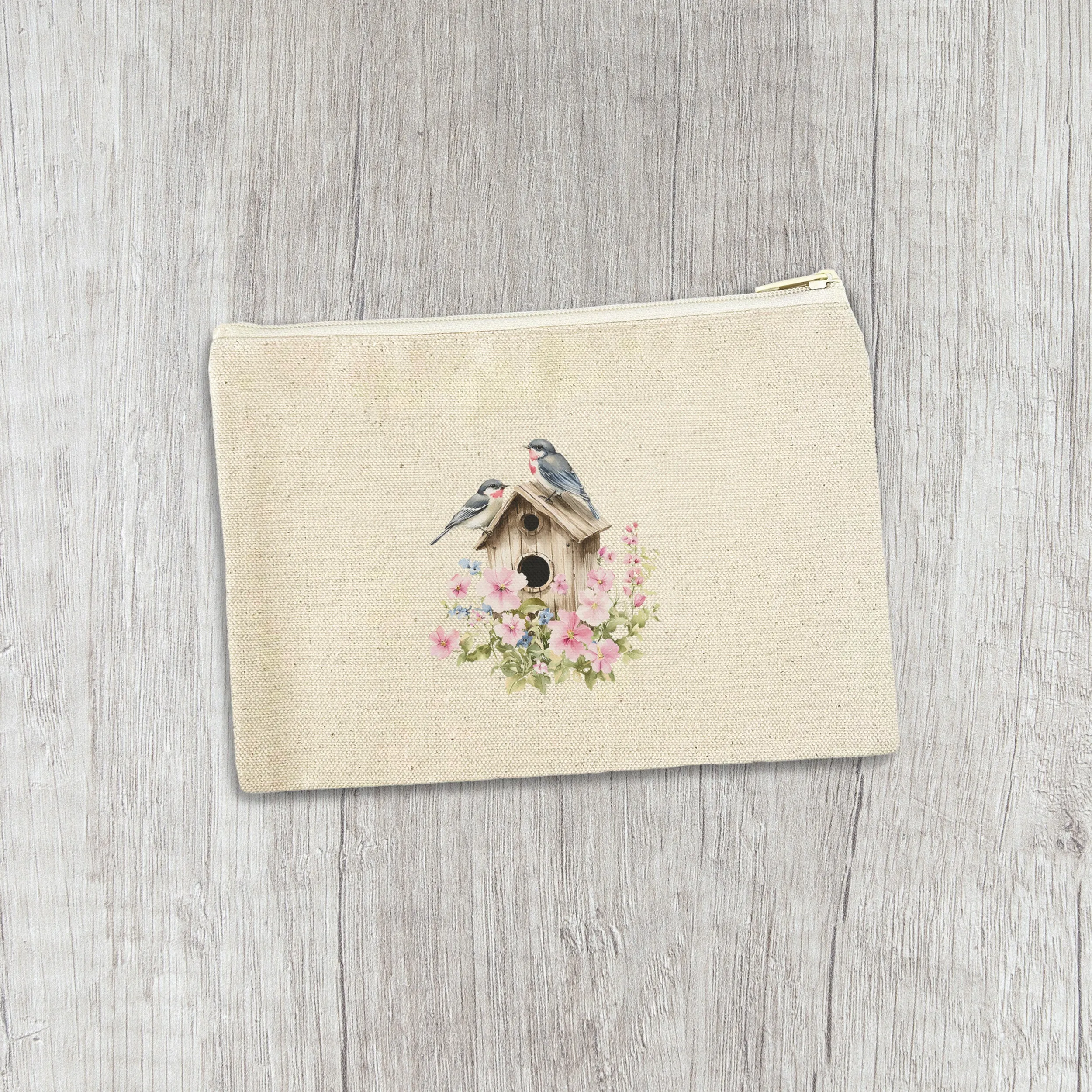 Floral Birdhouse - Canvas Zipper Pouch