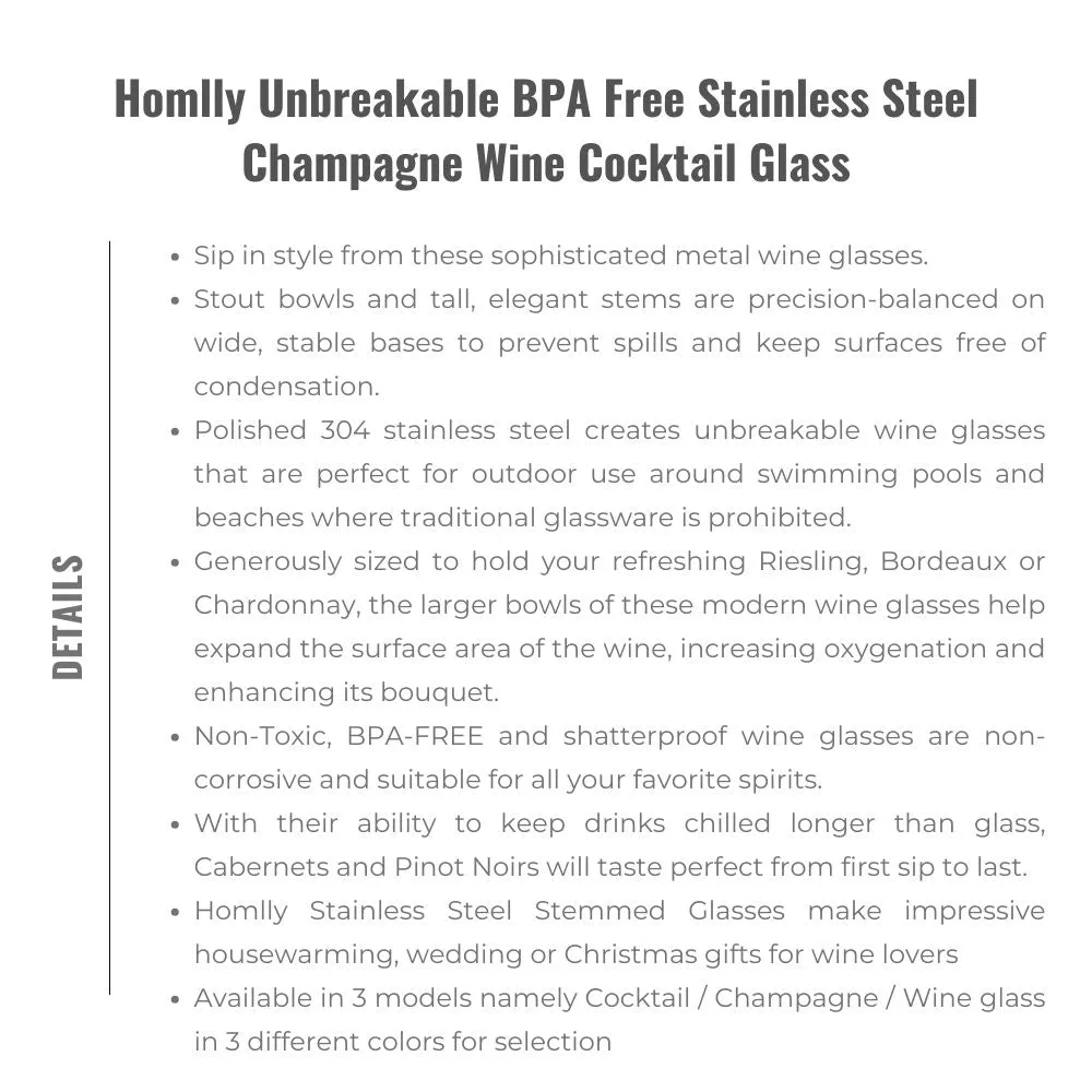 Homlly Unbreakable BPA Free Stainless Steel Champagne Wine Cocktail Glass