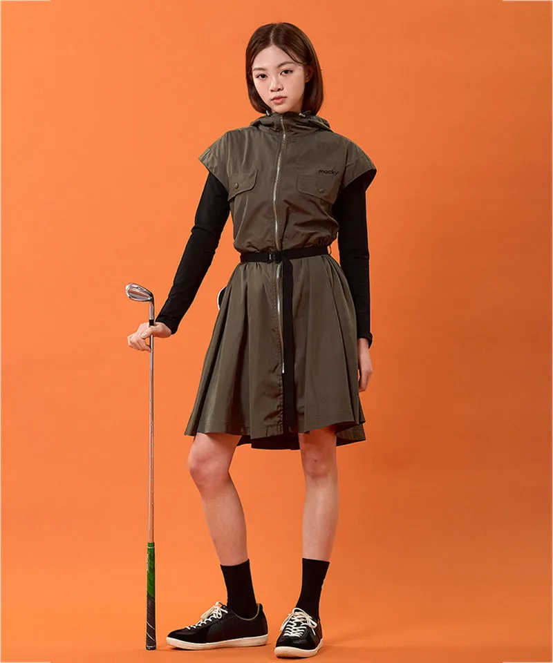 MACKY Golf: Hooded Zip-Up Belt Dress - Khaki