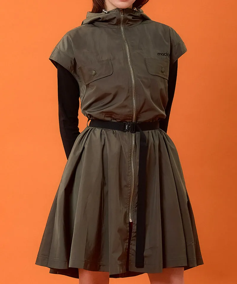 MACKY Golf: Hooded Zip-Up Belt Dress - Khaki