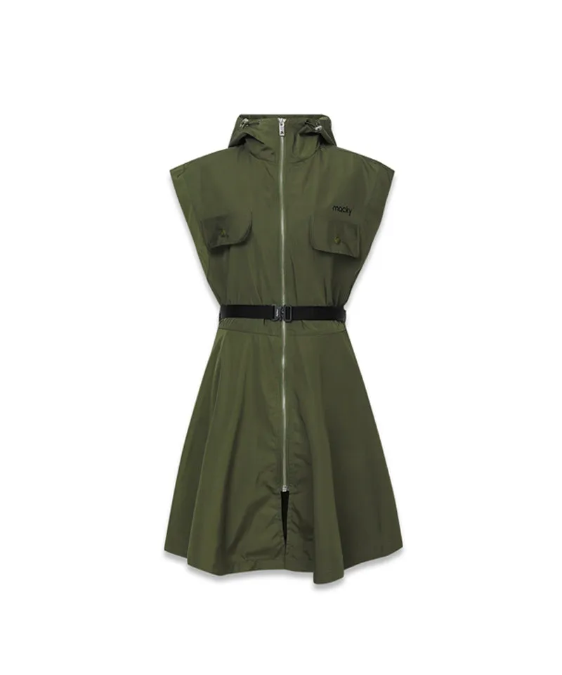 MACKY Golf: Hooded Zip-Up Belt Dress - Khaki