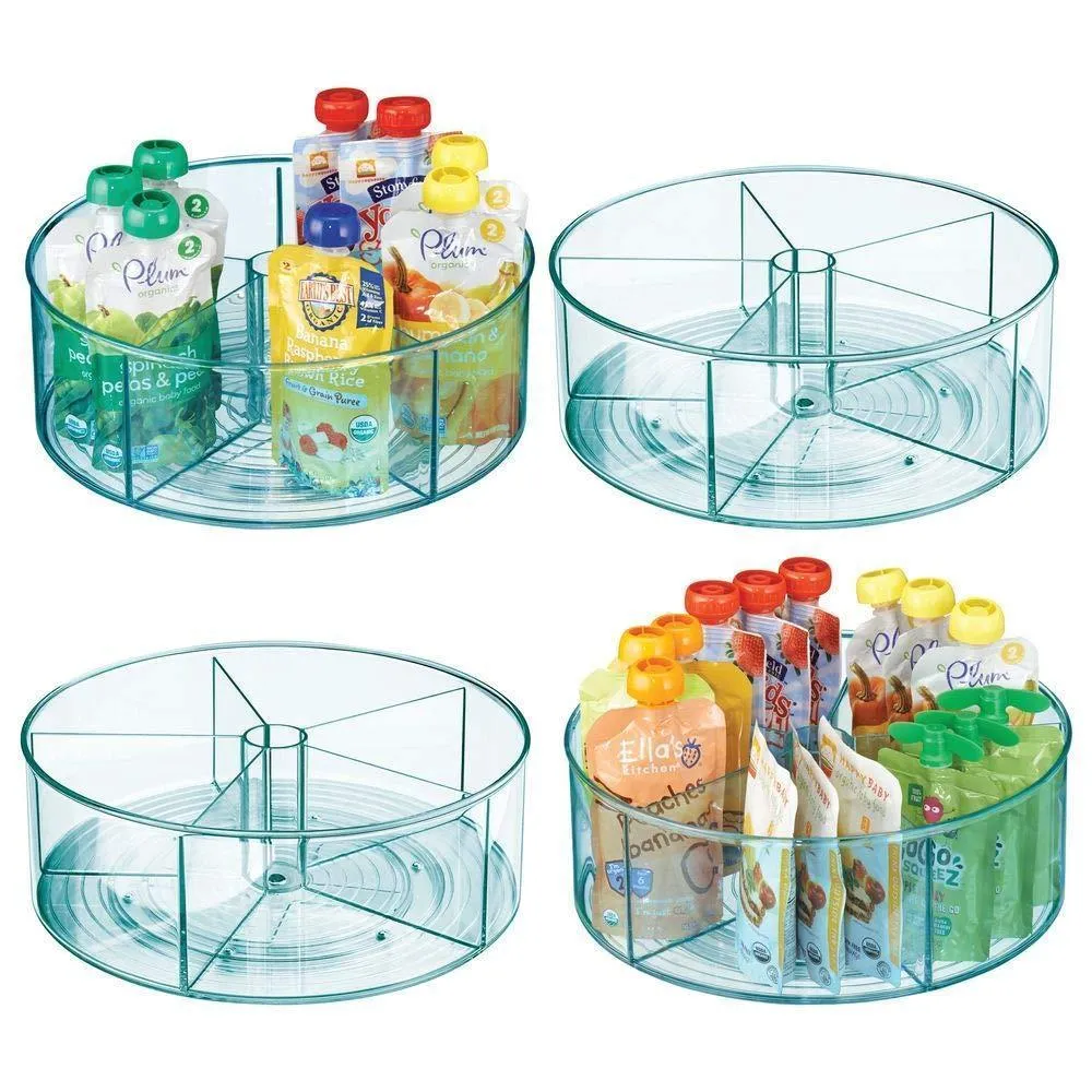 mDesign Plastic Divided Lazy Susan Turntable Storage Container for Kitchen Cabinet, Pantry, Refrigerator, Countertop, BPA Free, Food Safe, Spinning Organizer for Kids/Toddlers - 4 Pack - Sea Blue