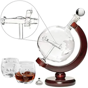 Plane Liquor Decanter 50oz Set with Wooden Stand, 2 Globe Glasses and Bar Funnel