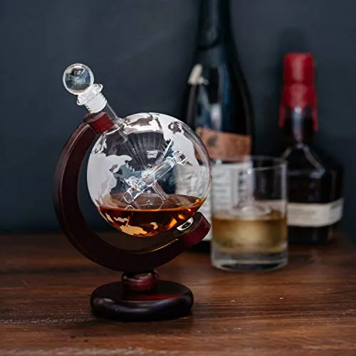 Plane Liquor Decanter 50oz Set with Wooden Stand, 2 Globe Glasses and Bar Funnel