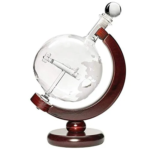 Plane Liquor Decanter 50oz Set with Wooden Stand, 2 Globe Glasses and Bar Funnel