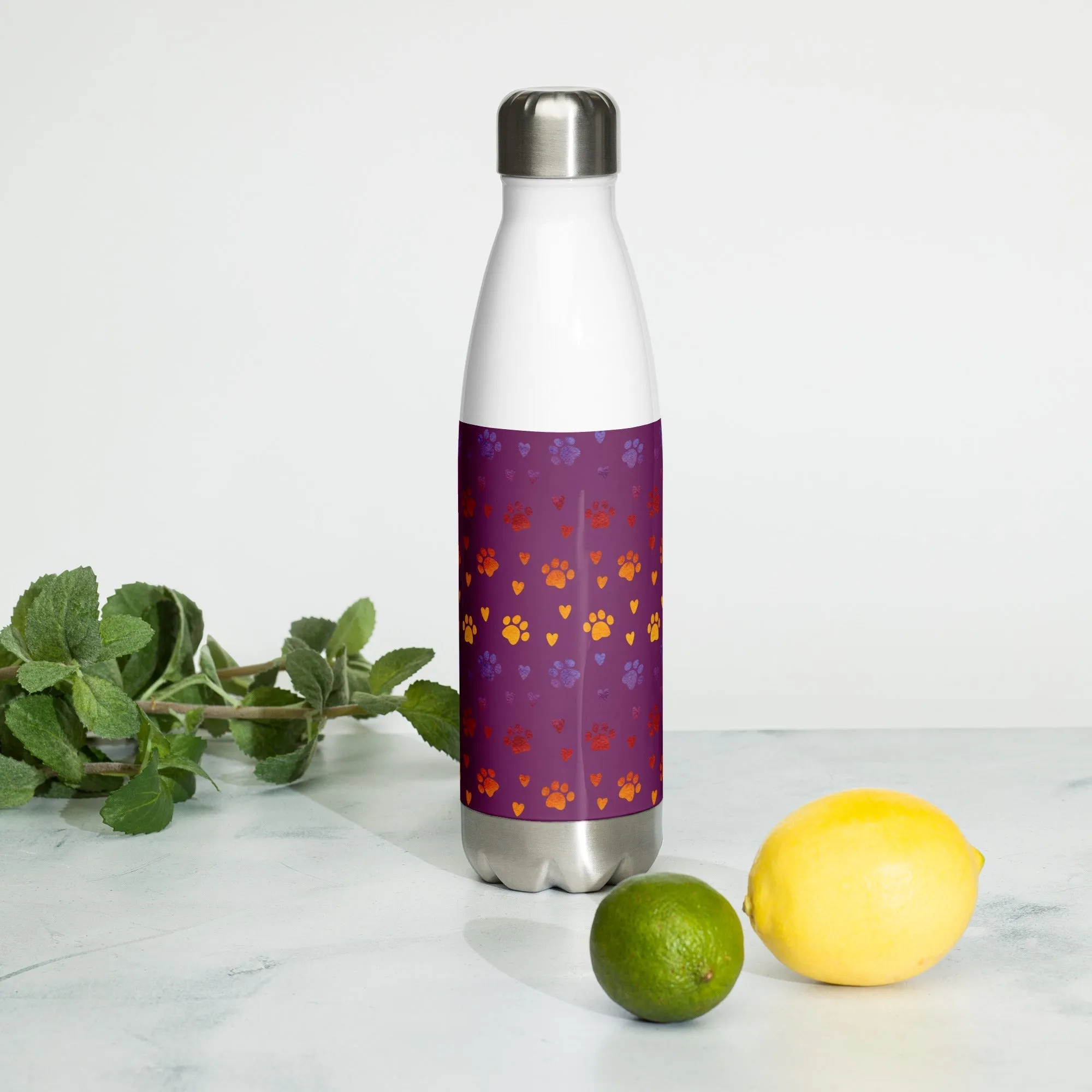 Purple Paw Prints Water Bottle