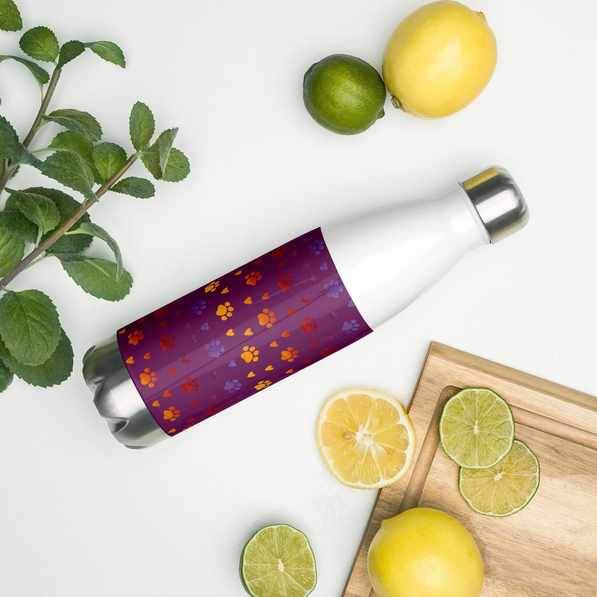 Purple Paw Prints Water Bottle