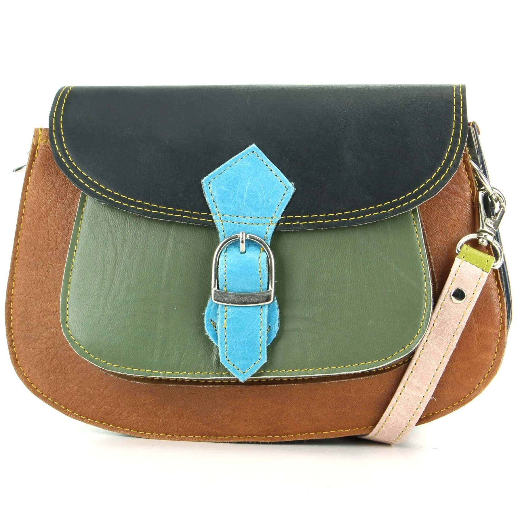 Real Leather Colourful Messenger Shoulder Bag - Green Mix