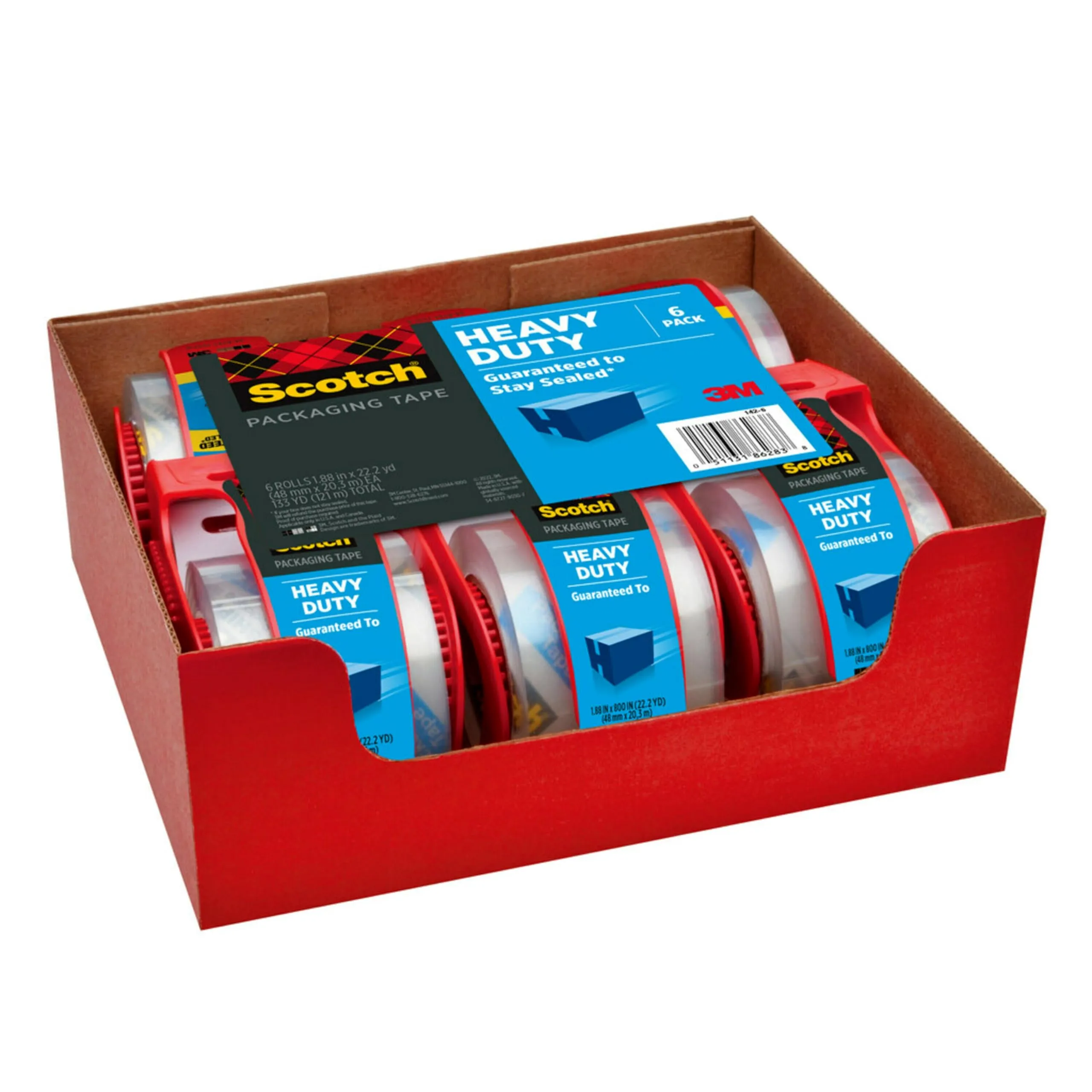 Scotch Heavy Duty Shipping Tape and Moving Packing Tape, Clear, Packing and Moving Supplies, 1.88 in. x 22.2 yd., 6 Tape Rolls with Dispensers