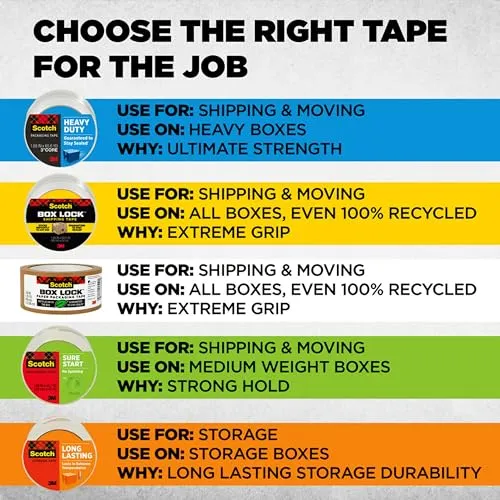 Scotch Heavy Duty Shipping Tape and Moving Packing Tape, Clear, Packing and Moving Supplies, 1.88 in. x 22.2 yd., 6 Tape Rolls with Dispensers