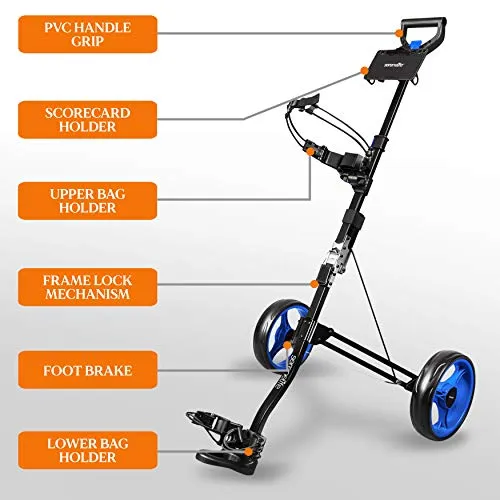 SereneLife 2 Wheel Golf Push Cart - Lightweight Folding Walking Push Cart Roller Golf Bag Holder w/Foot Brake, Upper/Lower Bracket w/Elastic Strap, Bag Storage Holder SLGZX3