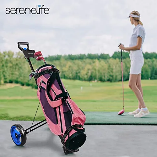 SereneLife 2 Wheel Golf Push Cart - Lightweight Folding Walking Push Cart Roller Golf Bag Holder w/Foot Brake, Upper/Lower Bracket w/Elastic Strap, Bag Storage Holder SLGZX3