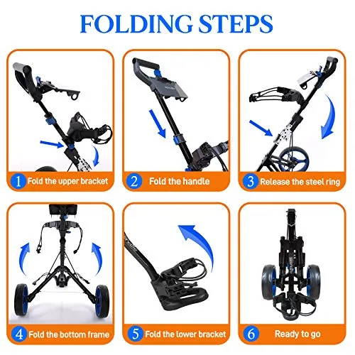 SereneLife 2 Wheel Golf Push Cart - Lightweight Folding Walking Push Cart Roller Golf Bag Holder w/Foot Brake, Upper/Lower Bracket w/Elastic Strap, Bag Storage Holder SLGZX3