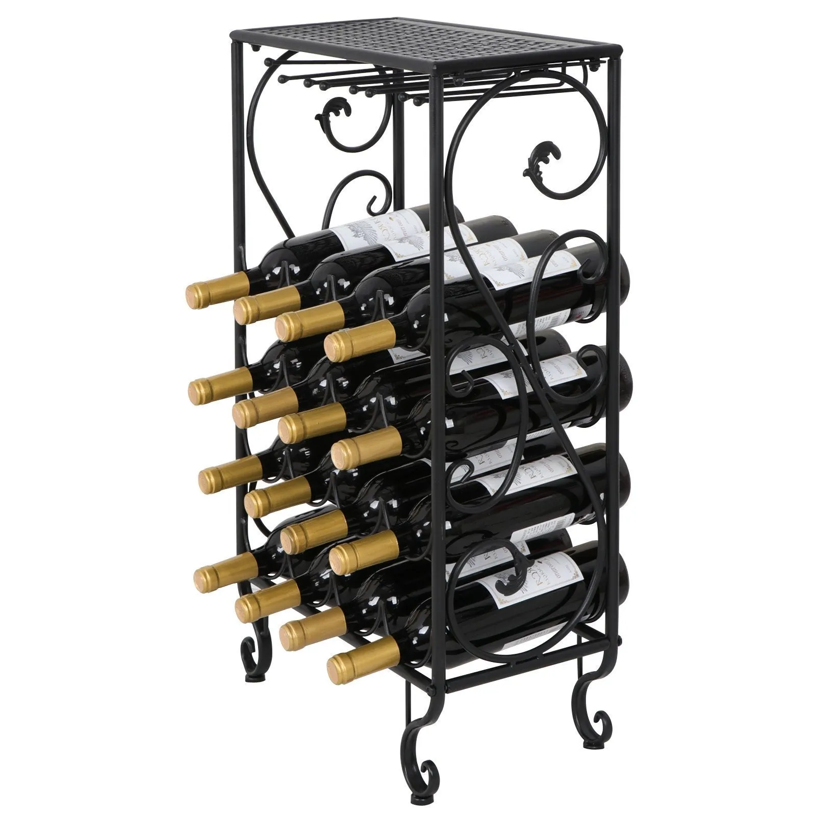 Smartxchoices 16 Bottle Wine Rack Table Top with Glass Hanger Wine Bottle Holder Solid Metal Floor Free Standing Wine Organizer Shelf Side Table for Cabinet Kitchen ...