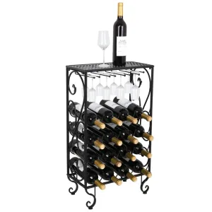 Smartxchoices 16 Bottle Wine Rack Table Top with Glass Hanger Wine Bottle Holder Solid Metal Floor Free Standing Wine Organizer Shelf Side Table for Cabinet Kitchen ...