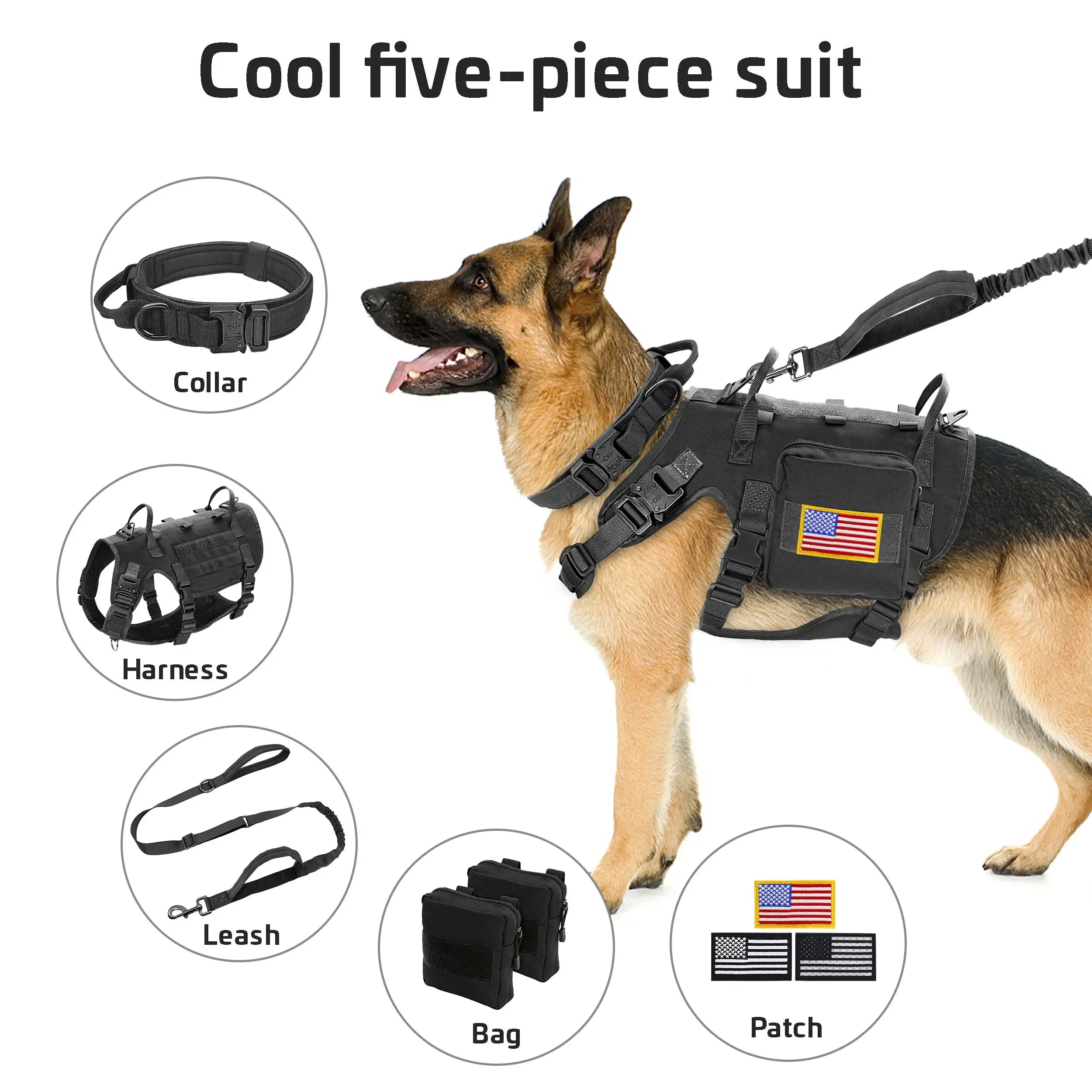 Tactical Nylon Dog Collar, Harness, Leash & Pouch Combo