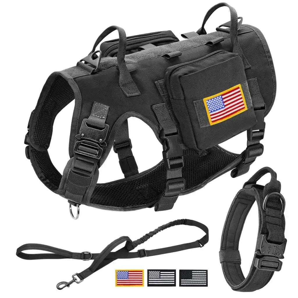 Tactical Nylon Dog Collar, Harness, Leash & Pouch Combo