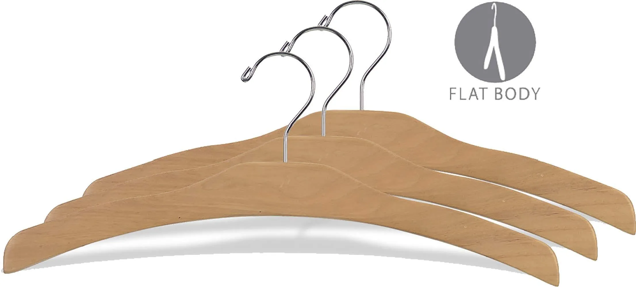 The Great American Hanger Company Arched Wooden Top Natural Finish, Low Profile 17 Inch Flat Chrome Swivel Hook & Notches for Hanging Straps (Set of 50) Clothes Hanger, Hardware