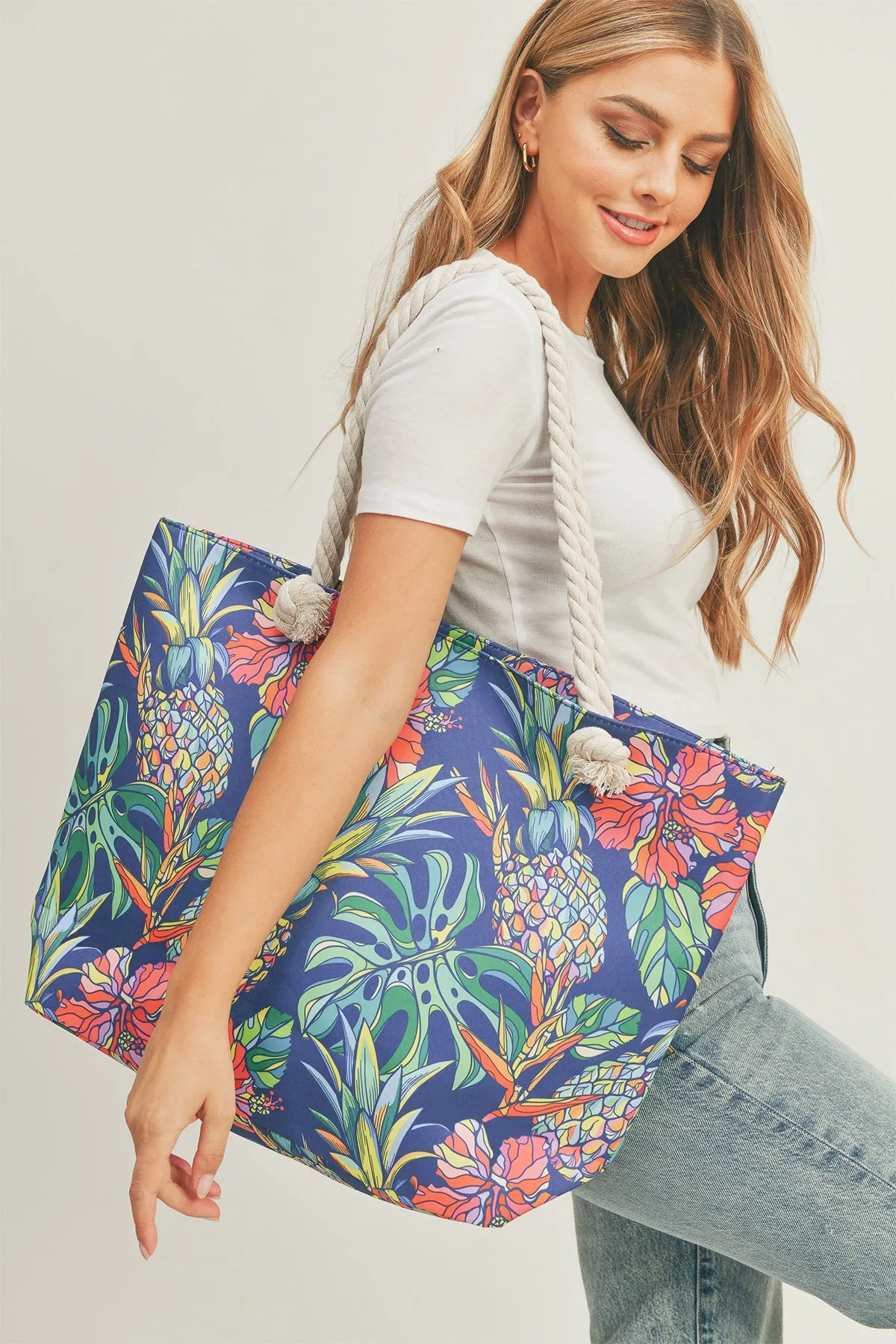 TROPICAL PINEAPPLE TOTE BAG WITH ROPE HANDLES