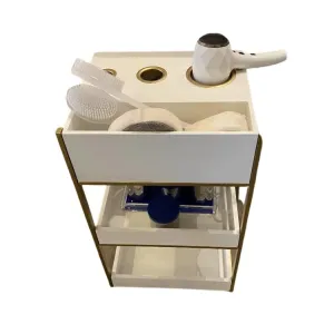White & Gold Electric Table with Curling Iron & Hair Dryer Holders Built into Top