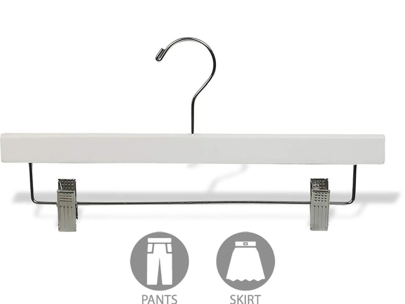 White Wooden Pant Hanger with Adjustable Cushion Clips, Flat Wood Bottom Hangers with Chrome Swivel Hook (Set of 100) by The Great American Hanger Company