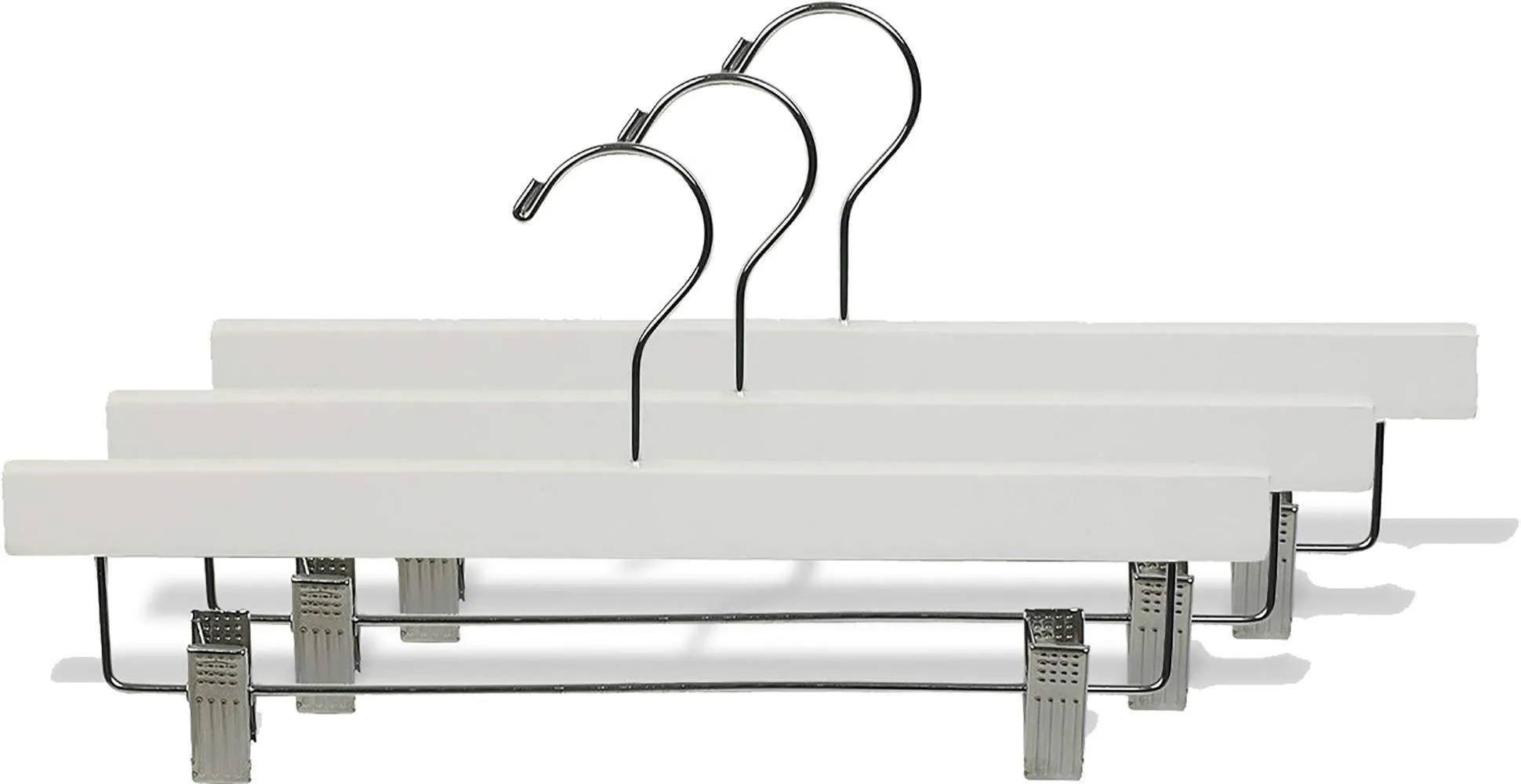 White Wooden Pant Hanger with Adjustable Cushion Clips, Flat Wood Bottom Hangers with Chrome Swivel Hook (Set of 100) by The Great American Hanger Company