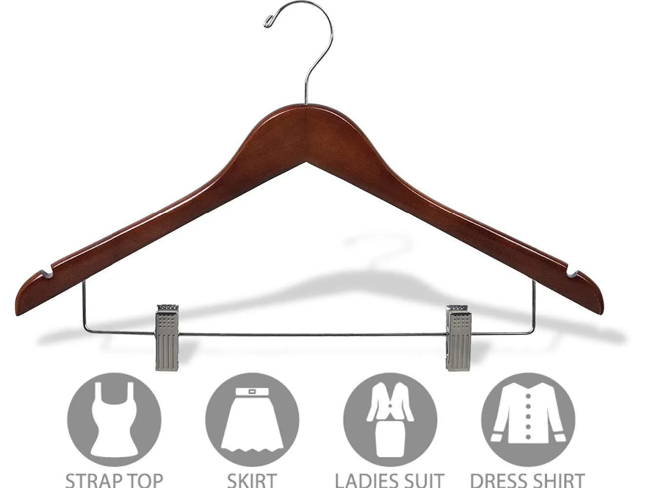 Wooden Combo Hangers with Walnut Finish & Adjustable Cushion Clips, Flat 17 Inch Hanger with Chrome Swivel Hook & Notches (Set of 24) by The Great American Hanger Company