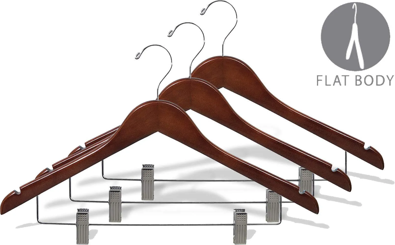 Wooden Combo Hangers with Walnut Finish & Adjustable Cushion Clips, Flat 17 Inch Hanger with Chrome Swivel Hook & Notches (Set of 24) by The Great American Hanger Company