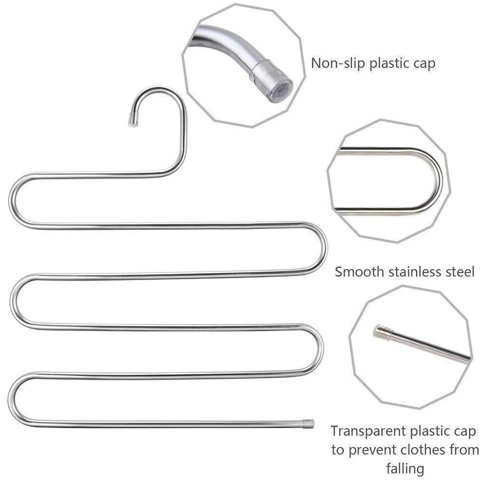 YCAMMIN Pants Hangers S-Type Stainless Steel Trousers Rack/5 Layers Multi-Purpose Closet Hangers Saver Storage Rack for Clothes/Towel/ Scarf/Trousers/ Tie etc(2 Pcs)