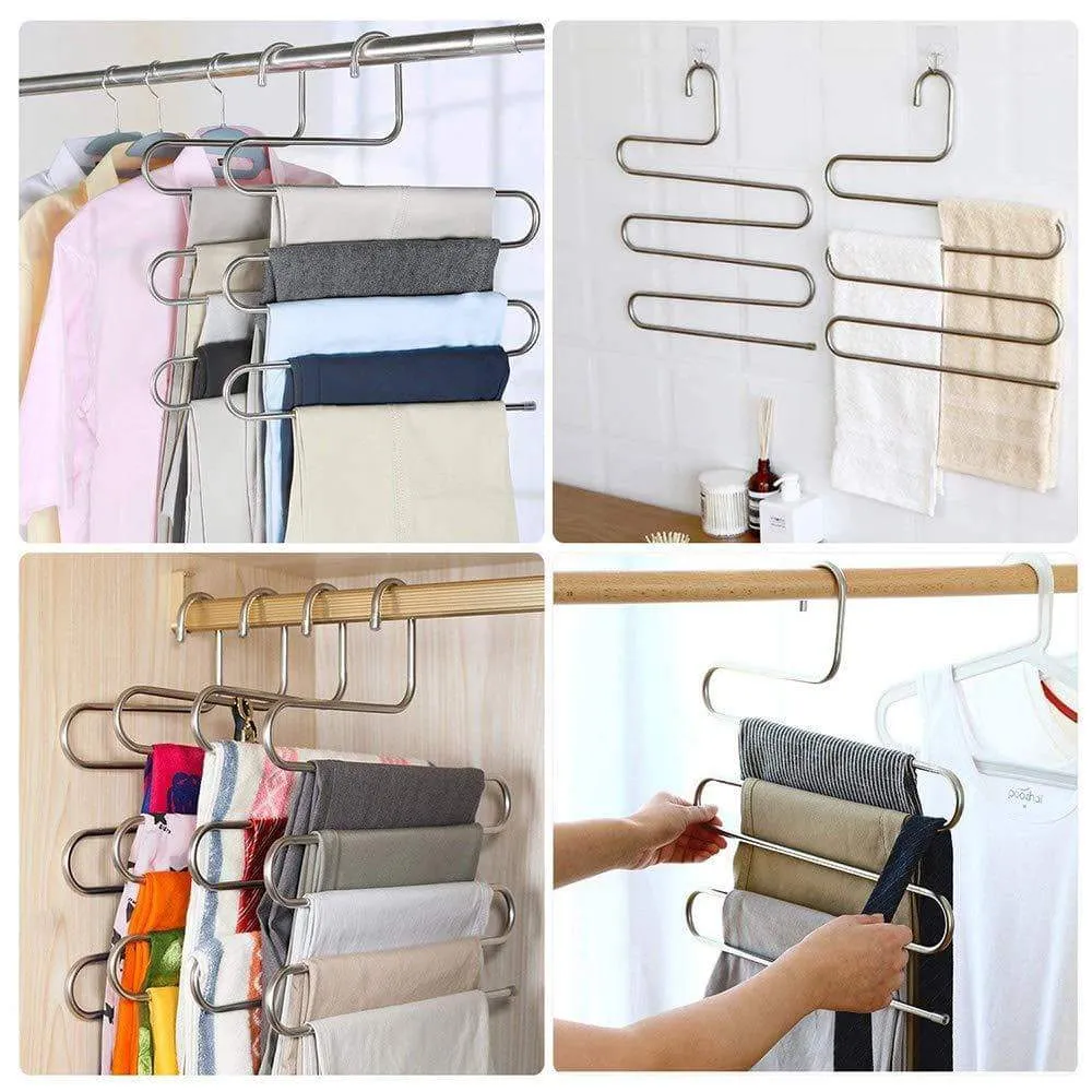 YCAMMIN Pants Hangers S-Type Stainless Steel Trousers Rack/5 Layers Multi-Purpose Closet Hangers Saver Storage Rack for Clothes/Towel/ Scarf/Trousers/ Tie etc(2 Pcs)